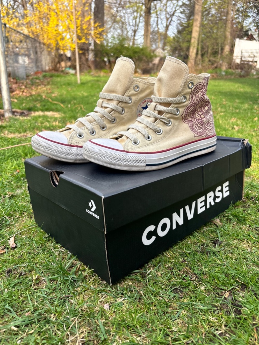 Converse High Top Sneakers in Beige with Maroon Mandala Design